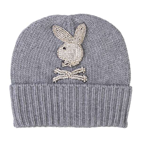 Wool and Cashmere blend knit beanie hat with a large crystals Bunny Skull logo and 'Playboy X Plein' leather logo plaque at the back by PHILIPP PLEIN x PLAYBOY