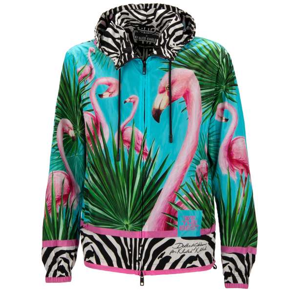 Nylon hooded bomber jacket with flamingo, zebra, plants and logo print and zipped pockets by DOLCE & GABBANA - DOLCE & GABBANA x DJ KHALED Limited Edition