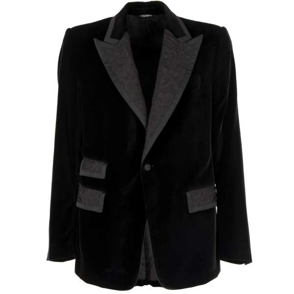 Velvet blazer with floral jacquard peak lapel and pockets in black by DOLCE & GABBANA