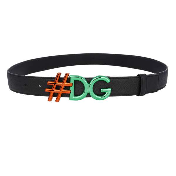 Gürtel aus Kalbsleder mit DG Logo Hashtag Metall Rollschnalle in Schwarz, Orange und Grün von DOLCE & GABBANA