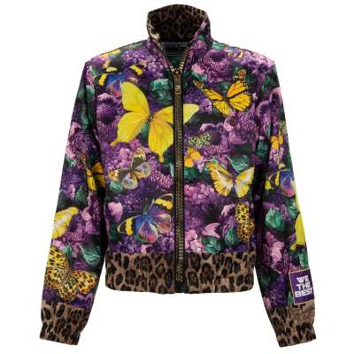 DJ Khaled Satin Bomber Jacke mit Schmetterling und Leopard Print Lila Gelb