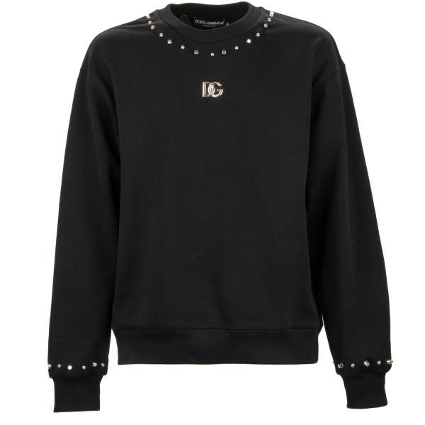 Sweater with studded DG Metal Logo, pearls and studs in black by DOLCE & GABBANA 