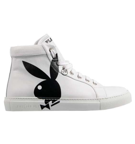 High-Top Sneaker SKULL PLAYBOY with large skull and bunny print, logo printed tongue and printed logo to the rear by PHILIPP PLEIN x PLAYBOY