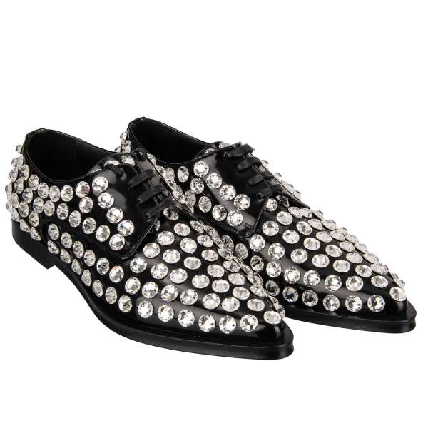 Classic leather shoes MILLENIALS with pointy toe shape and crystals embroidery in black and white by DOLCE & GABBANA