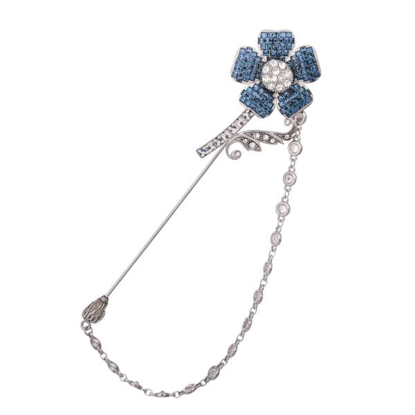 Herren Brosche / Anstecknadel für Blazer in Blumen-Form mit Kristallen und Kette in Silber und Blau von DOLCE & GABBANA
