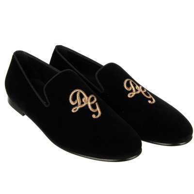 Samt Loafer Schuhe AMALFI mit Logo Stickerei Schwarz Gold