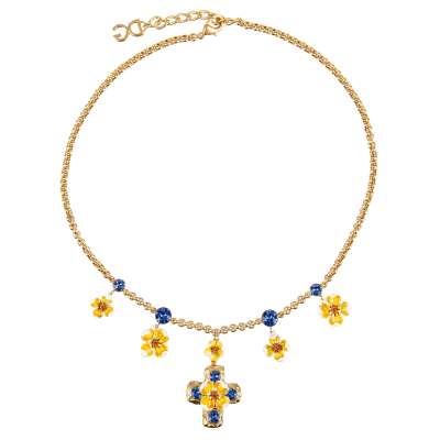 Kristallen Kreuz Blumen Kette Chocker Blau Gold 
