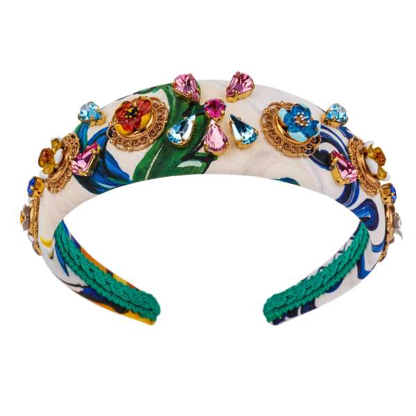 Majolica Pattern Hairband with filigree elements, flowers and crystals in white, blue and gold by DOLCE & GABBANA