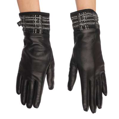 Winter Picnic Crystal Leather Cashmere Gloves Black 6.5