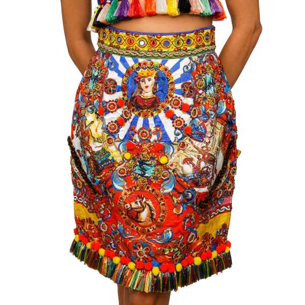 Carretto Siciliano Unique jacquard skirt with crystals and pearls embroidery in red by DOLCE & GABBANA