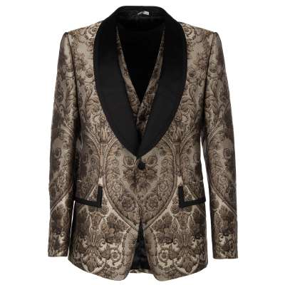 Baroque Jacquard Blazer with Waistcoat Black Beige 50 US 40 M L