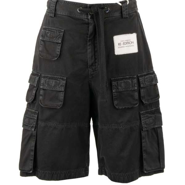 Re-Edition Cotton Cargo Shorts with pockets and patch in black by DOLCE & GABBANA 