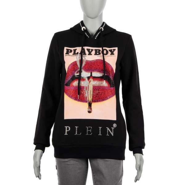 Women's Hoody with a crystals graphic print of a magazine cover of Lauren Young's lips at the front and crystals embellished PLAYBOY PLEIN lettering at the back by PHILIPP PLEIN x PLAYBOY