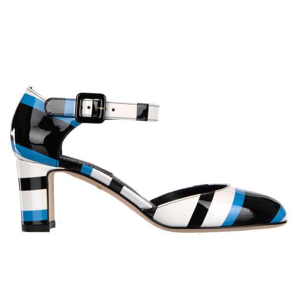 Patent leather Mary Jane Pumps VALLY with stripes print in black, white and blue by DOLCE & GABBANA