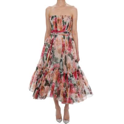 Kamelie Rose Korsage Seide Kleid Grün Pink IT 38 DE 34 XS
