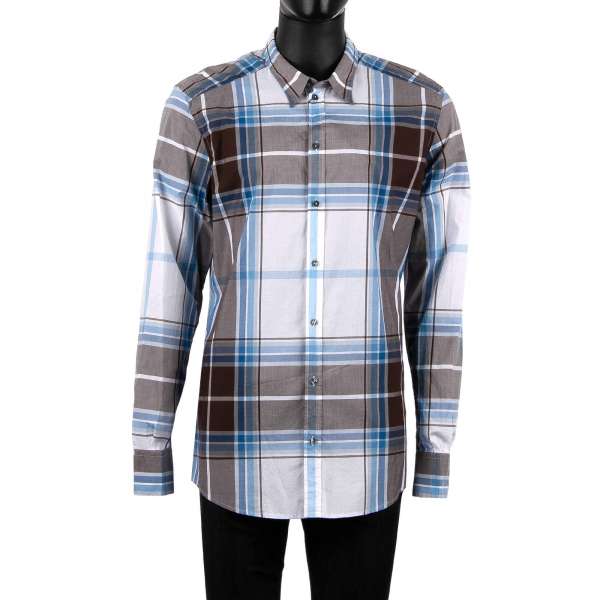 Checked cotton shirt with short collar in white, blue and brown by DOLCE & GABBANA - GOLD Line