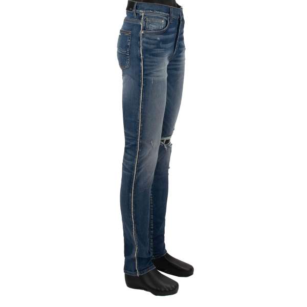 5-pockets Skinny Distressed Stretch Crystal Track Jeans in Indigi Blue with crystals stripes on both legs by AMIRI