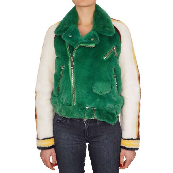 Mink fur Biker Style Jacket with three pockets in green, white, red, yellow and blue by DSQUARED2