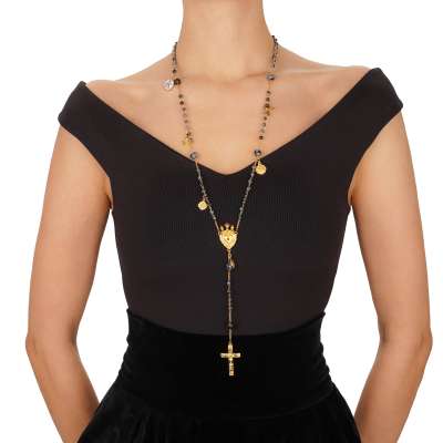 Unisex Rosario Cross Crystal Crown Chain Necklace Gold Black
