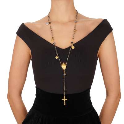 Unisex Herz Rosenkranzkette Krone Kreuz Collier Kette Gold Schwarz
