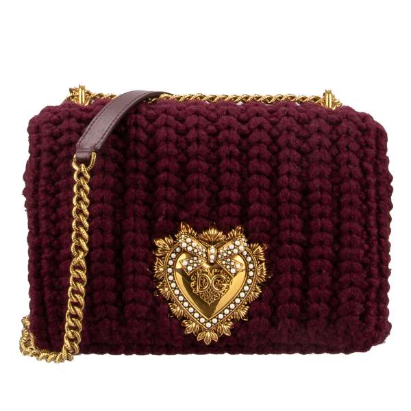 Knitted wool, crochet Crossbody Bag / Clutch Bag DEVOTION Medium with jeweled heart with DG Logo and structured metal chain strap by DOLCE & GABBANA