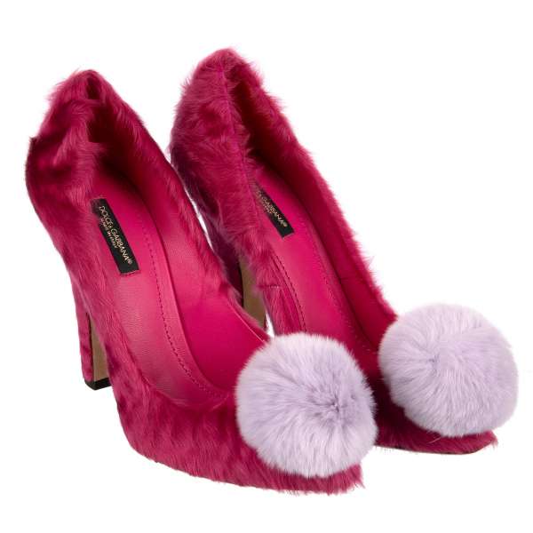 COCO Mary Jane Xiangao Lamb / Astrakhan Fur Pumps with rabbit pom pom in pink by DOLCE & GABBANA Black Label