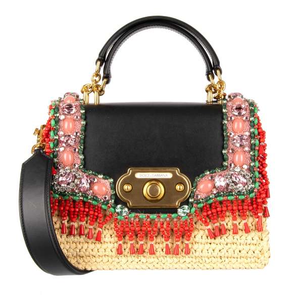 Crystals applications embellished Tote / Shoulder Bag WELCOME Medium made of leather and raffia by DOLCE & GABBANA