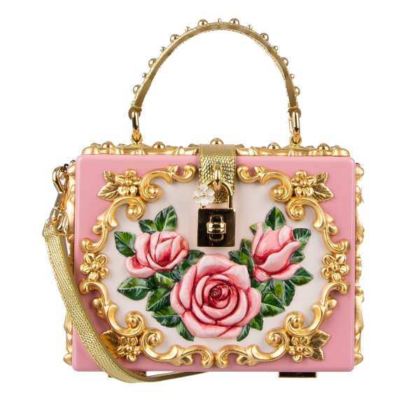 Ceramic vases inspired, hand-painted Top Handle Clutch Bag / Handbag DOLCE BOX made of wood with embossed roses and studs and decorative padlock with enamel flower by DOLCE & GABBANA