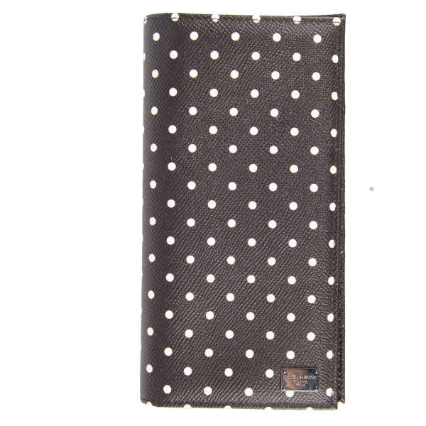 Large polka dot dauphine leather wallet with many pockets and slots and DG logo plate in black and white by DOLCE & GABBANA