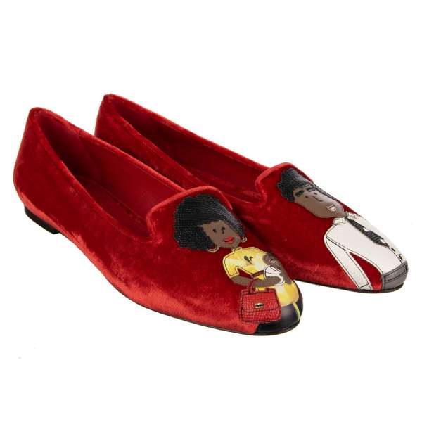 Velvet Ballet Flats AUDREY with DG Family mother and father with a child applications in red by DOLCE & GABBANA