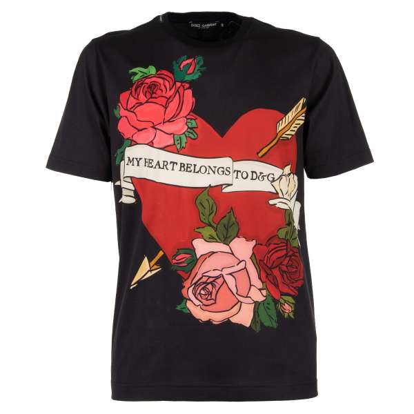 Cotton T-Shirt with Roses, Heart and Crown Print in black and red by DOLCE & GABBANA