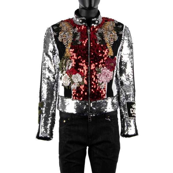 Außergewöhnliche Pailletten Jacke mit asiatischer Tiger, Blumen, Krone und Herz Stickerei und D&G PRINCE Applikationen von DOLCE & GABBANA