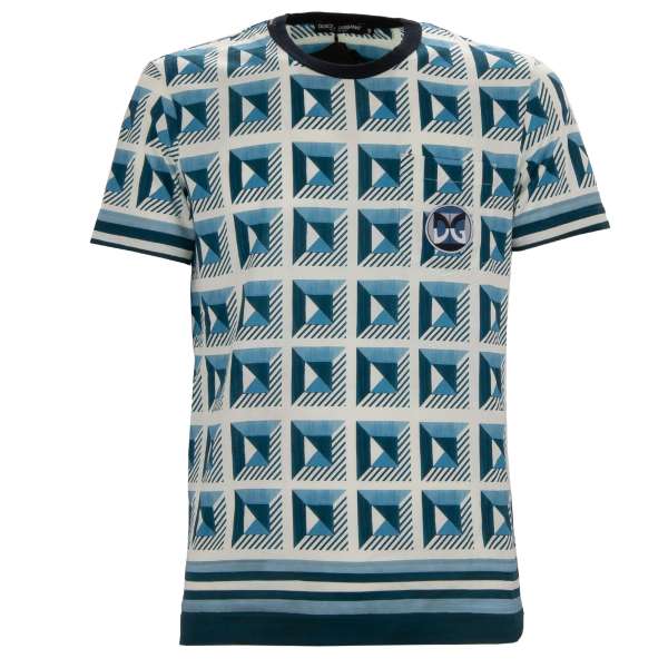 Cotton T-Shirt with Gio Ponti Design print, DG embroidered logo and pocket in blue and white by DOLCE & GABBANA