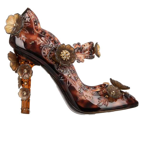 Cinderella Pumps made of PVC embellished with rhinestones and flowers in brown by DOLCE & GABBANA 
