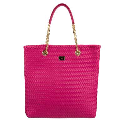 Handmade Woven Nappa Leather Shoulder Shopper Bag with Logo Pink