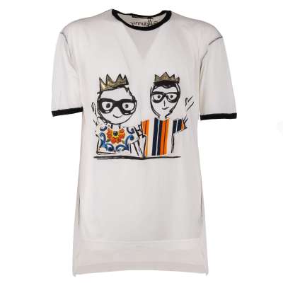 Baumwolle T-Shirt mit Krone Domenico Stefano und Majolika Seide Patches Weiß