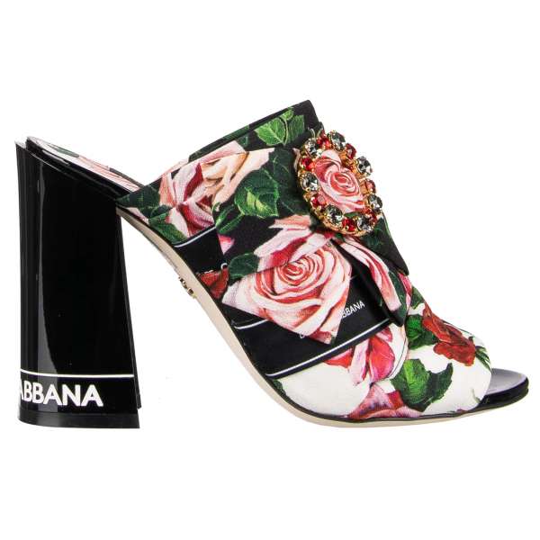 Roses and Logo printed High Heel Mules Sandals KEIRA with logo engraved block heel and crystals buckle by DOLCE & GABBANA