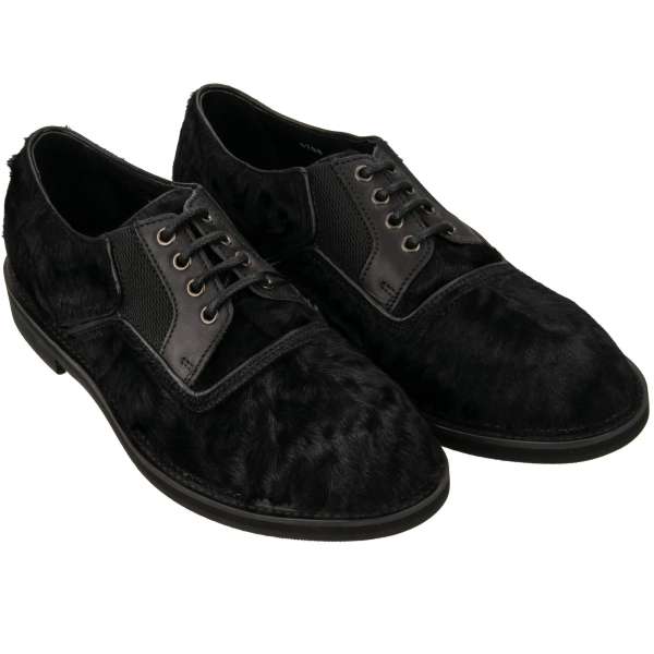 Lamb fur leather derby shoes in black by DOLCE & GABBANA