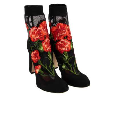 Carnation Flower Embroidery Tulle Pumps Heels Black