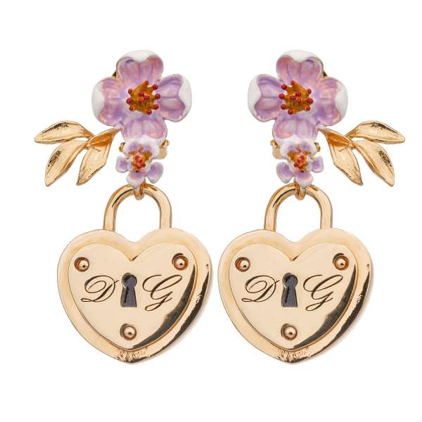 Cherry flower Clip Earrings adorned with heart lockets in gold and pink by DOLCE & GABBANA
