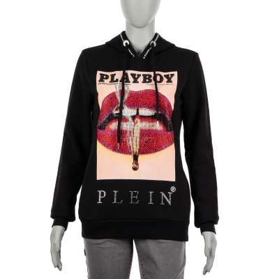 Strass Hoodie Lippen Print Schwarz