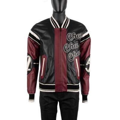 Club Lounge Cello Embroidered Bomber Leather Jacket Black Bordeaux