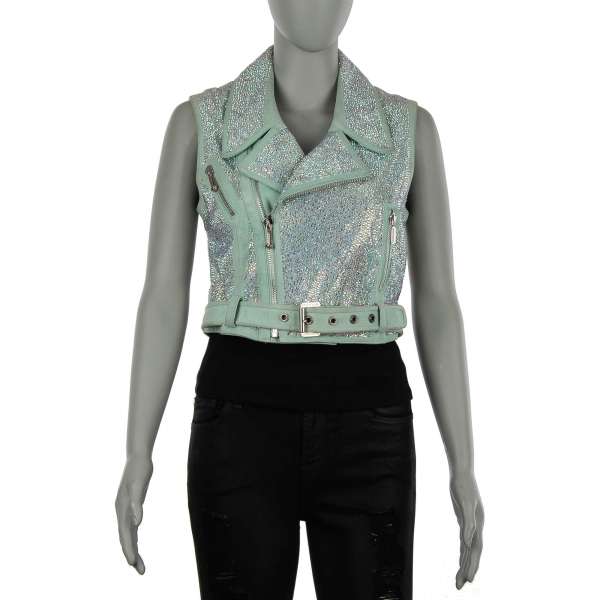 Leather short Biker Style Vest Jacket AHOI embellished with Swarovski crystals in light green by PHILIPP PLEIN COUTURE