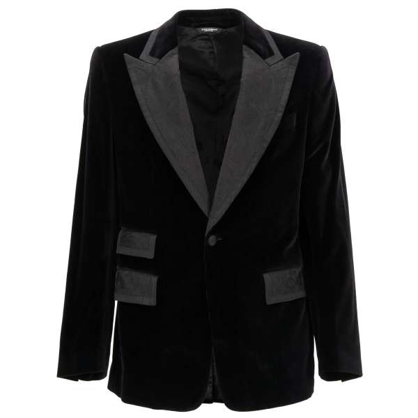 Velvet tuxedo / blazer with baroque pattern jacquard collar in black by DOLCE & GABBANA