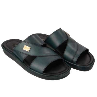 Leather Sandals MEDITERRANEO with Logo Green 40