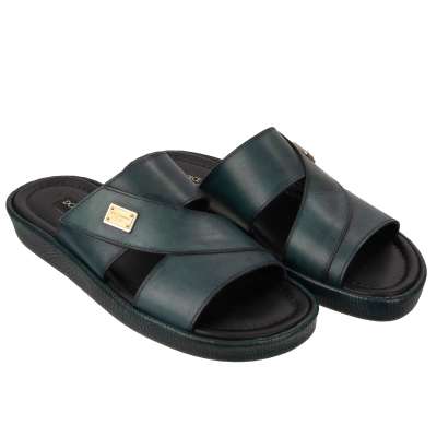 Sandalen MEDITERRANEO aus Leder mit Logo Schild Grün 40