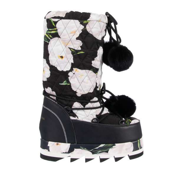 Cortina gesteppte Plateau Schnee Stiefel / Snow Boots mit Tulpen Print in Schwarz / Weiß von DOLCE & GABBANA