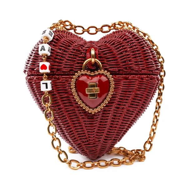 Unique fully hand-crafted cross-body bag / clutch HEART BOX made of woven wicker, painted by hand with Love cubes, decorative heart padlock and chain strap by DOLCE & GABBANA