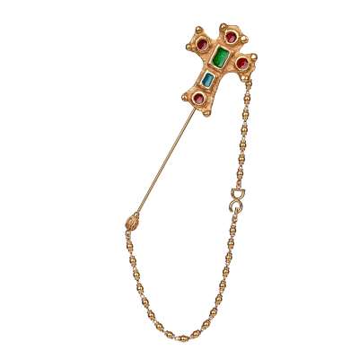 Cross Brooch Jacket Lapel Pin with Chain Green Red Gold