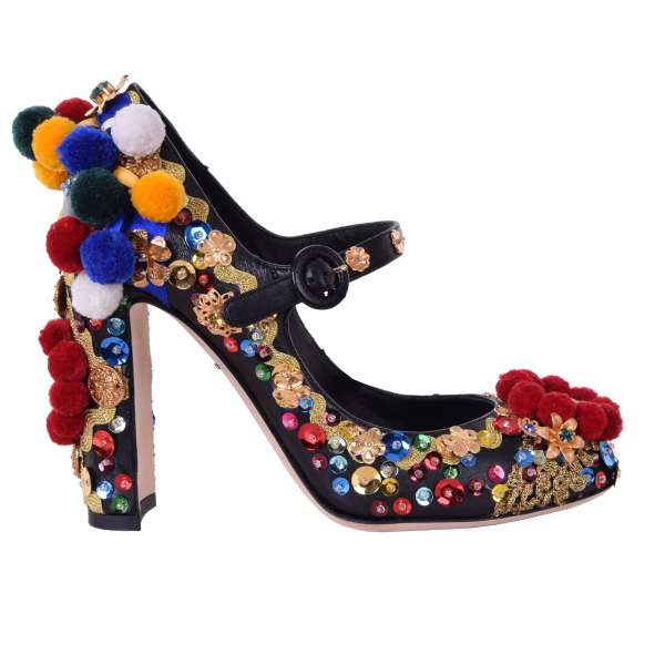 Sicily style embroidered nappa leather Mary Jane pumps embellished with pom poms, sequins applications, crystals and mirrors by DOLCE & GABBANA Black Label